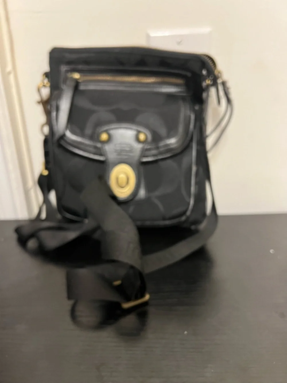 Coach Black Signature Messenger Bag with Gold Hardware